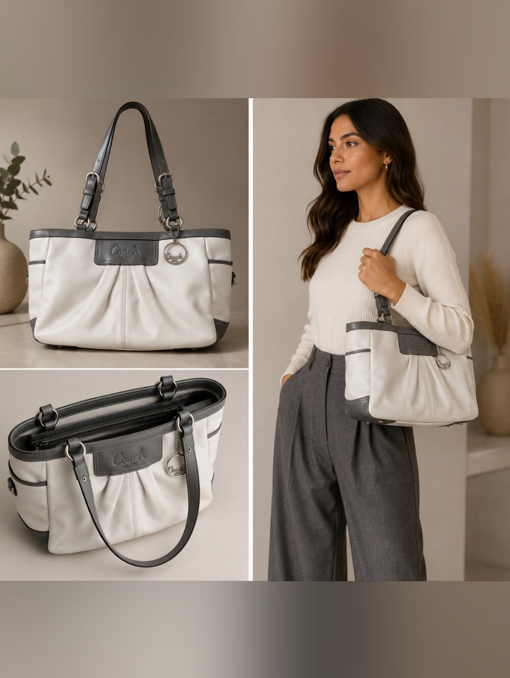 Coach Gallery Pleated East West Leather Tote Off White/Grey